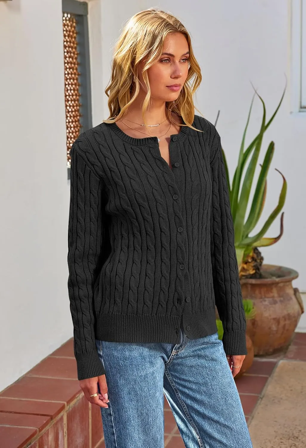 MEROKEETY Women's Cable Knit Open Front Cardigan Sweaters Fall Long Sleeve Button Down Soft Outwear