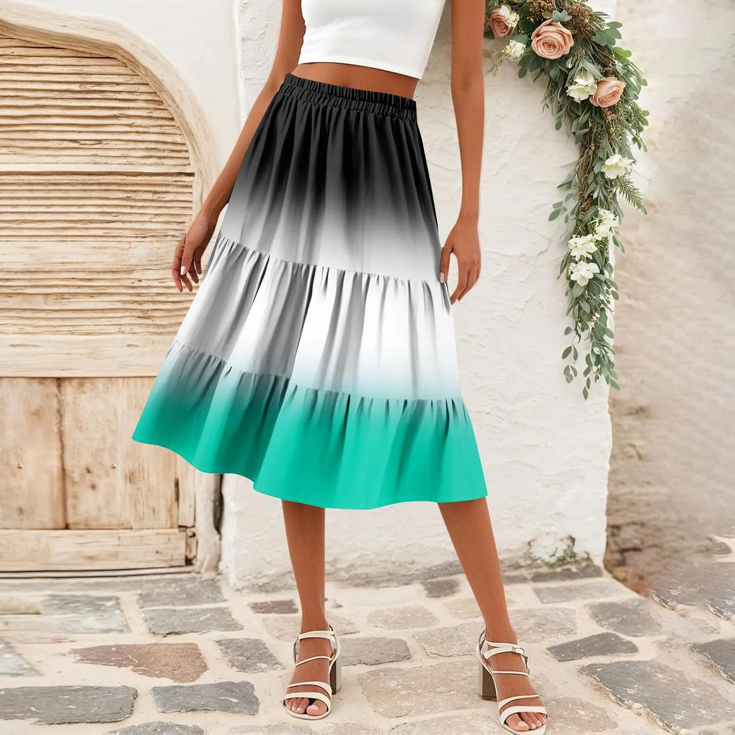 midi Tiered Skirts for Women Summer Boho Floral Long Ruffle Flowy high Elastic Waist a line Skirts Vacation Skort