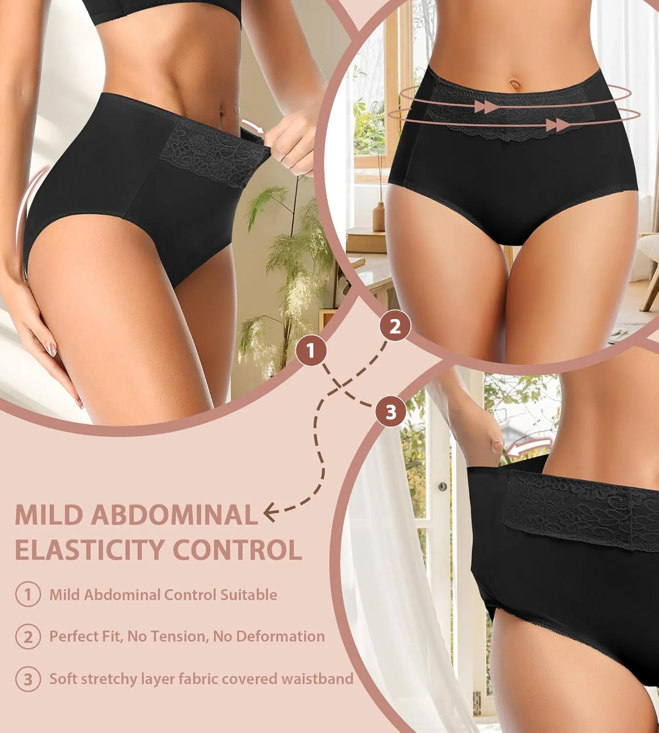 MISSWHO Women's High Waisted Cotton Underwear Soft Breathable Full Coverage Stretch Briefs Ladies Panties 5-Pack