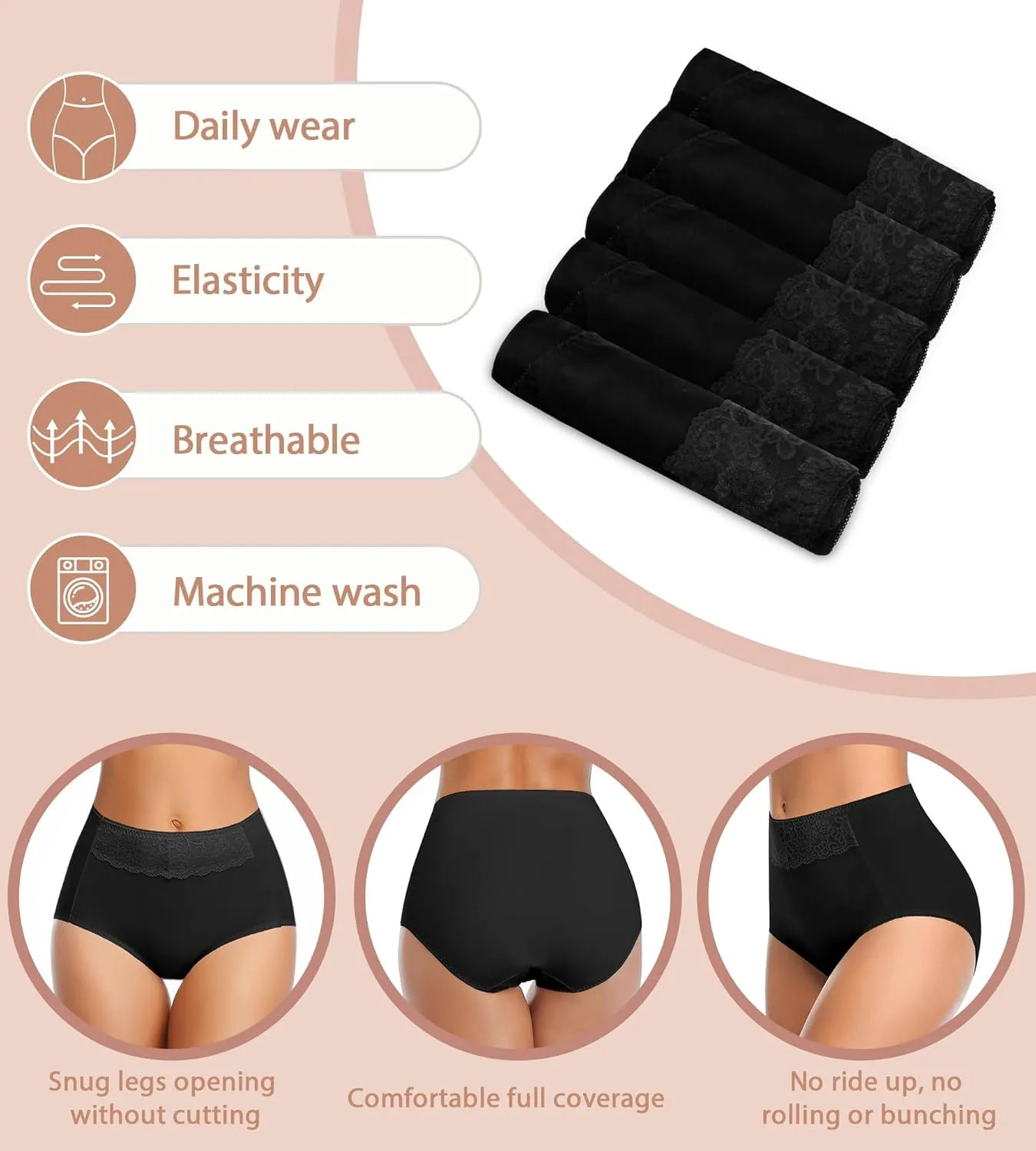 MISSWHO Women's High Waisted Cotton Underwear Soft Breathable Full Coverage Stretch Briefs Ladies Panties 5-Pack