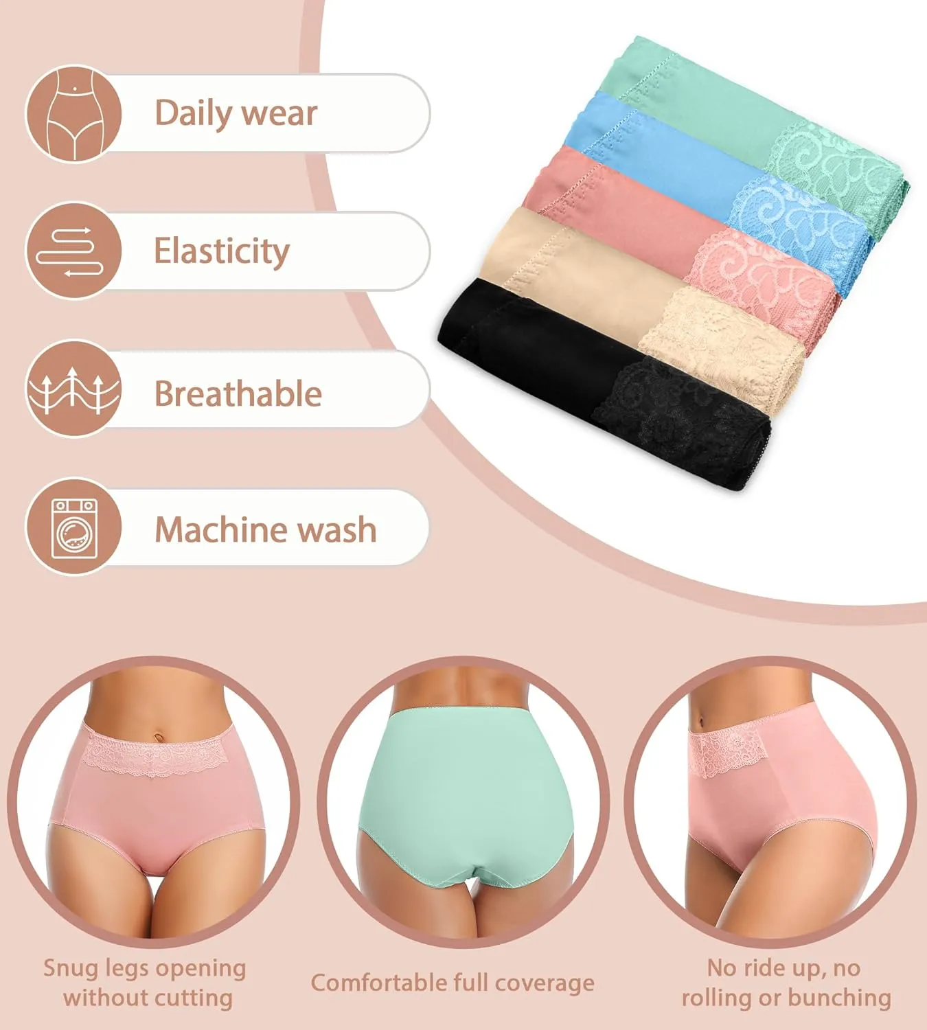 MISSWHO Women's High Waisted Cotton Underwear Soft Breathable Full Coverage Stretch Briefs Ladies Panties 5-Pack