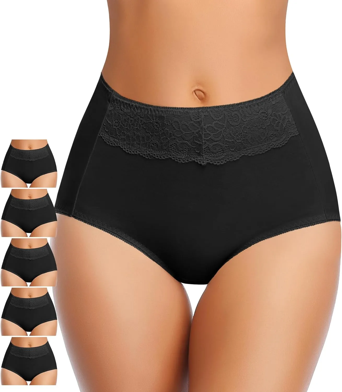 MISSWHO Women's High Waisted Cotton Underwear Soft Breathable Full Coverage Stretch Briefs Ladies Panties 5-Pack
