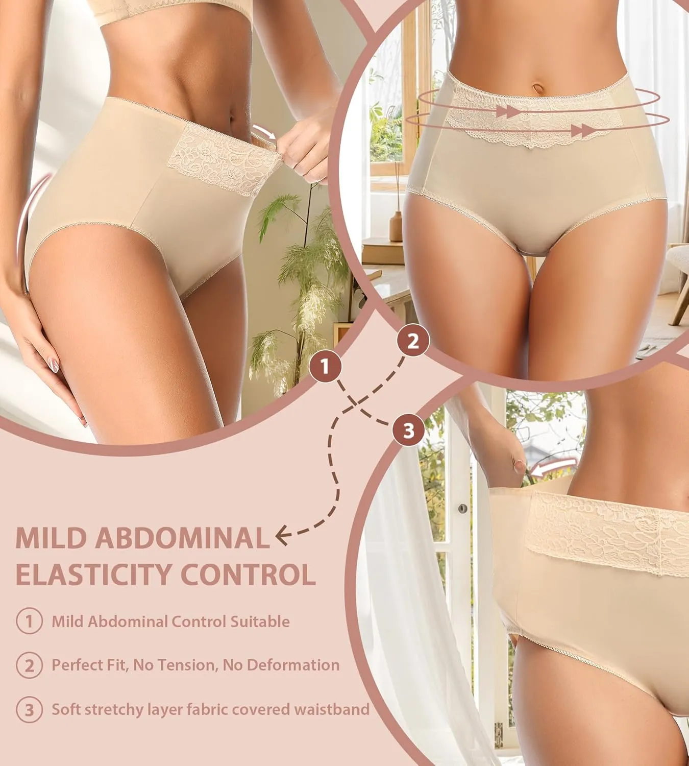 MISSWHO Women's High Waisted Cotton Underwear Soft Breathable Full Coverage Stretch Briefs Ladies Panties 5-Pack