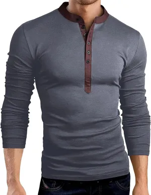 Muscle Slim Fit Henley Shirt for Men Casual Long Sleeve Button Down V Neck Shirts Gym Fitness Athletic Tees Tops