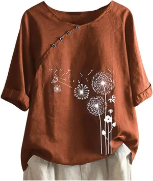 Mzkdieey Summer Women Cotton Linen Tshirt Tops Casual Dandelion Loose Fit Tunic Tees Short Sleeve Plus Size Button Blouses