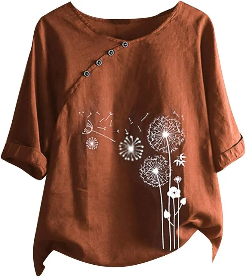 Mzkdieey Summer Women Cotton Linen Tshirt Tops Casual Dandelion Loose Fit Tunic Tees Short Sleeve Plus Size Button Blouses
