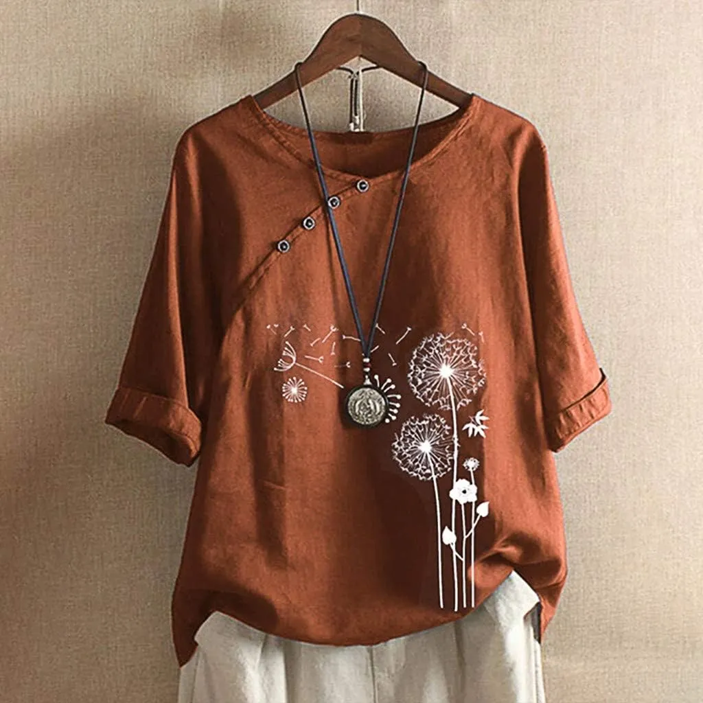 Mzkdieey Summer Women Cotton Linen Tshirt Tops Casual Dandelion Loose Fit Tunic Tees Short Sleeve Plus Size Button Blouses