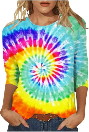 Mzkdieey Women Rainbow Tie Dye Tee Shirt Trendy 3/4 Sleeve Crewneck Tops Plus Size Loose Fit Pullover Ladies Going Out Blouse