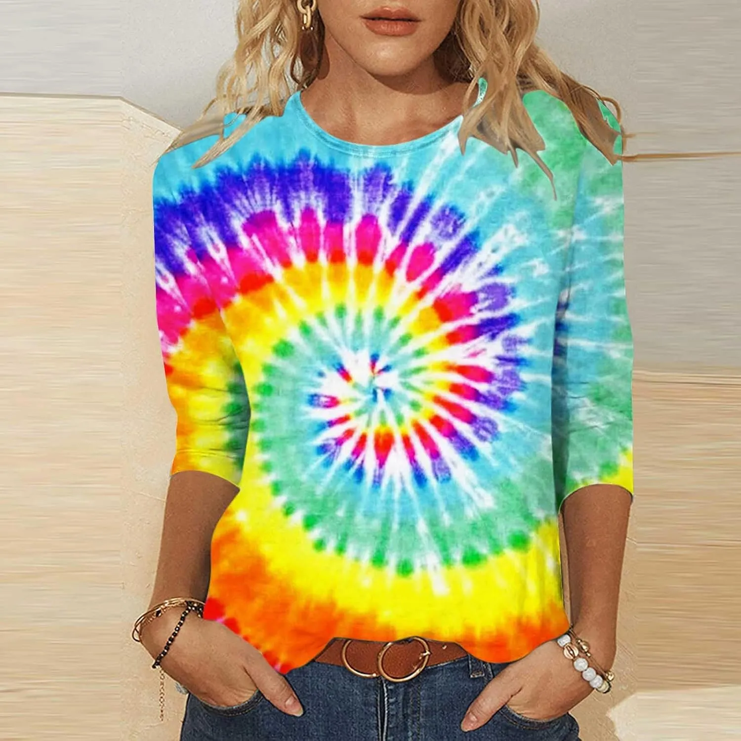 Mzkdieey Women Rainbow Tie Dye Tee Shirt Trendy 3/4 Sleeve Crewneck Tops Plus Size Loose Fit Pullover Ladies Going Out Blouse