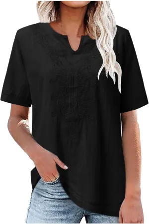 Mzkdieey Women's Floral Embroidered Mexican Peasant Blouse Summer Notch V Neck Short Sleeve Bohemian Tops Loose Fit T-Shirt