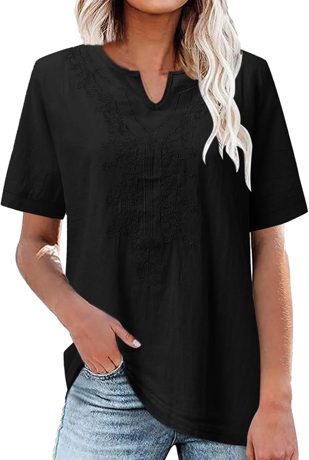 Mzkdieey Women's Floral Embroidered Mexican Peasant Blouse Summer Notch V Neck Short Sleeve Bohemian Tops Loose Fit T-Shirt