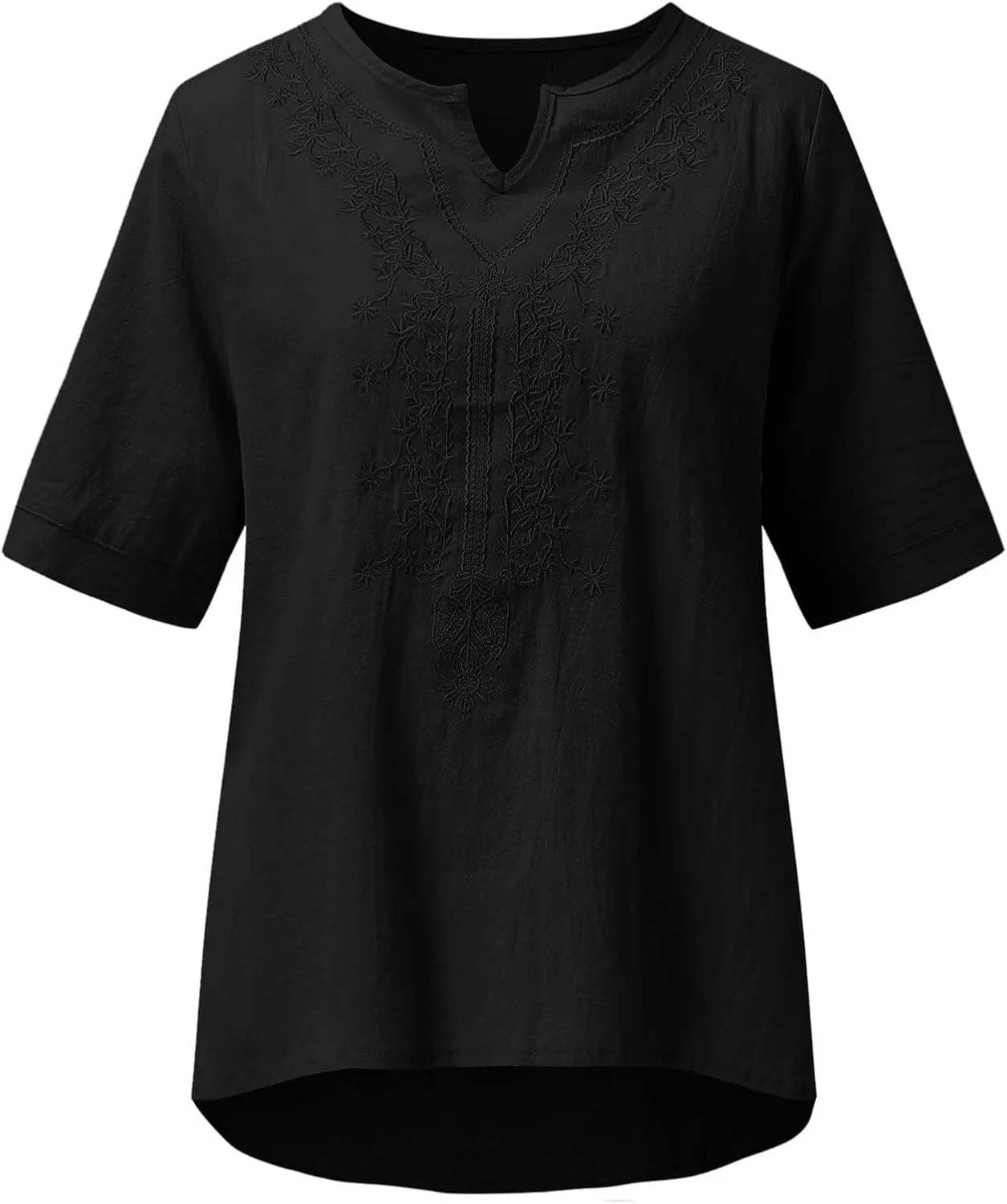 Mzkdieey Women's Floral Embroidered Mexican Peasant Blouse Summer Notch V Neck Short Sleeve Bohemian Tops Loose Fit T-Shirt