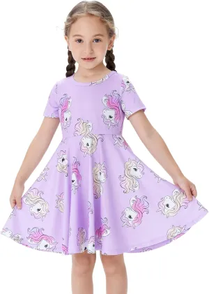 PATPAT Girls Short Sleeve Dresses Skater Twirly Stretch A-line Toddler Casual Swing Dress
