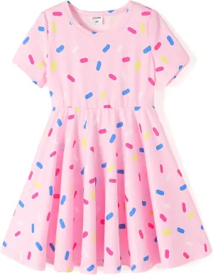 PATPAT Girls Short Sleeve Dresses Skater Twirly Stretch A-line Toddler Casual Swing Dress