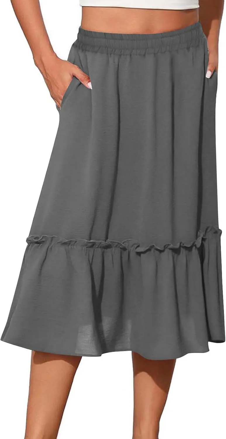 PBNBP Long Skirts for Women Boho Flowy Midi Skirt with Pockets Summer Pleated Elastic Tiered Skirts Beach Vacation Clothes