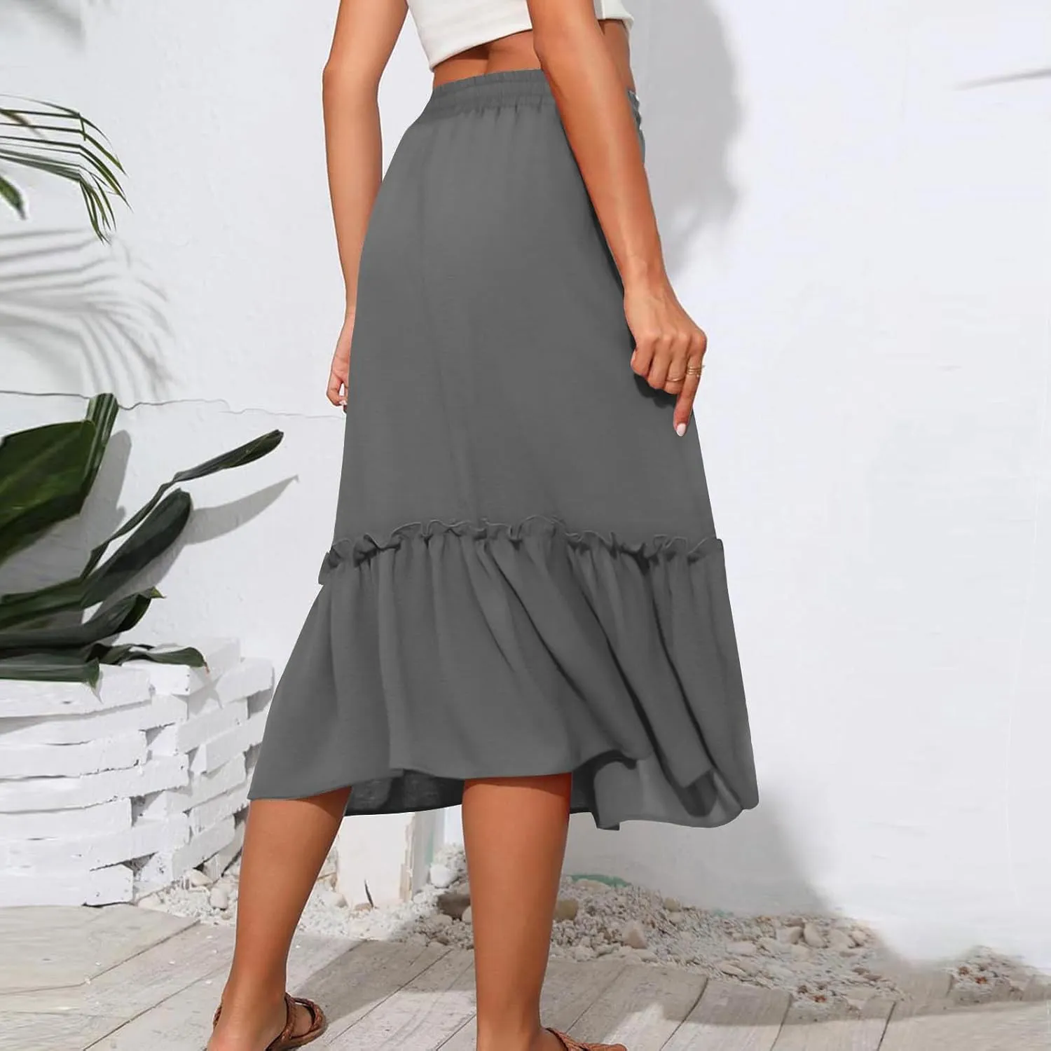 PBNBP Long Skirts for Women Boho Flowy Midi Skirt with Pockets Summer Pleated Elastic Tiered Skirts Beach Vacation Clothes