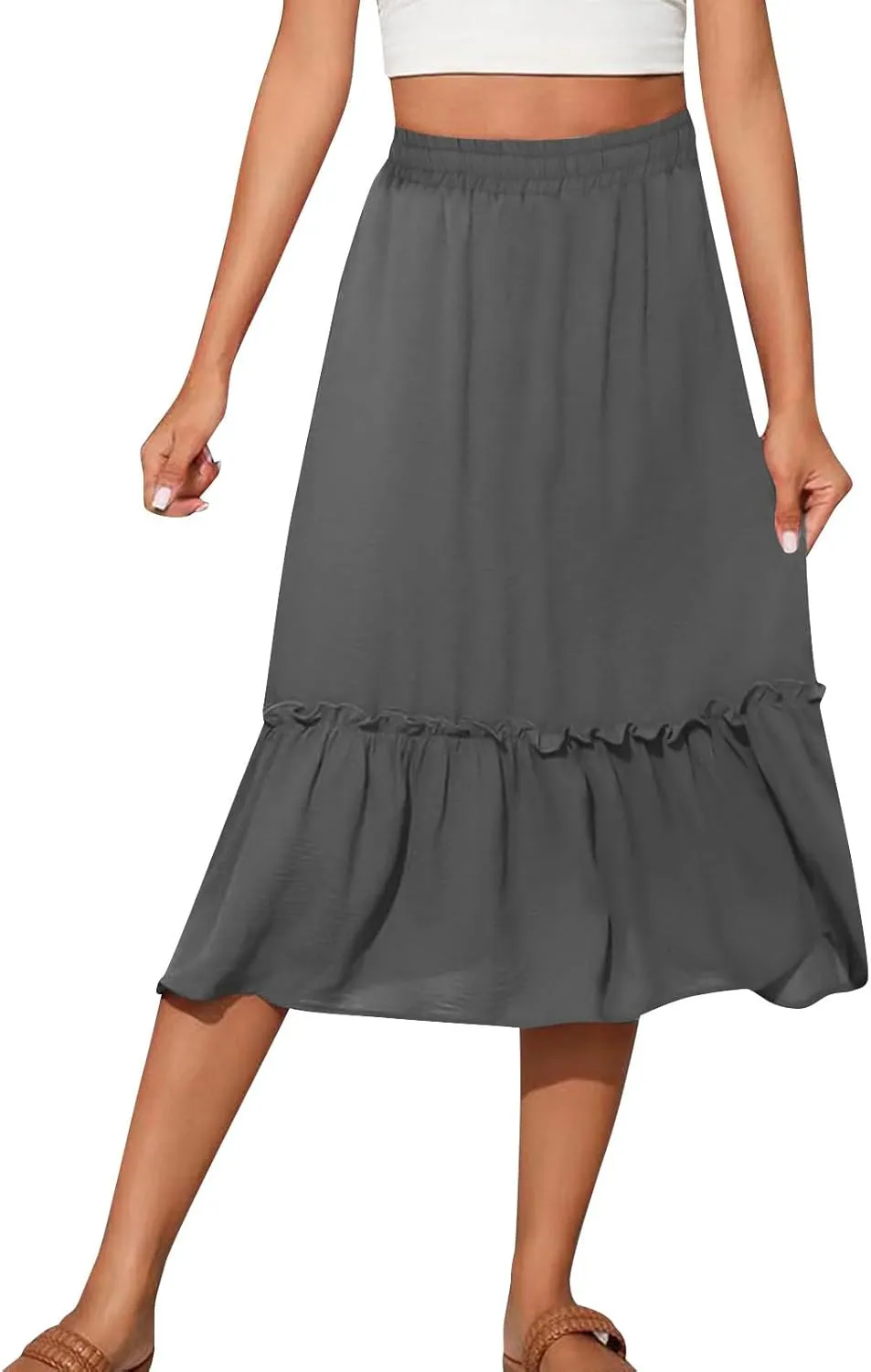 PBNBP Long Skirts for Women Boho Flowy Midi Skirt with Pockets Summer Pleated Elastic Tiered Skirts Beach Vacation Clothes