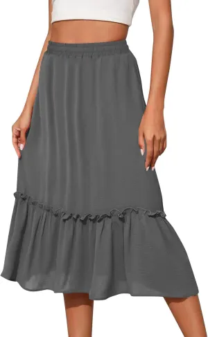 PBNBP Long Skirts for Women Boho Flowy Midi Skirt with Pockets Summer Pleated Elastic Tiered Skirts Beach Vacation Clothes