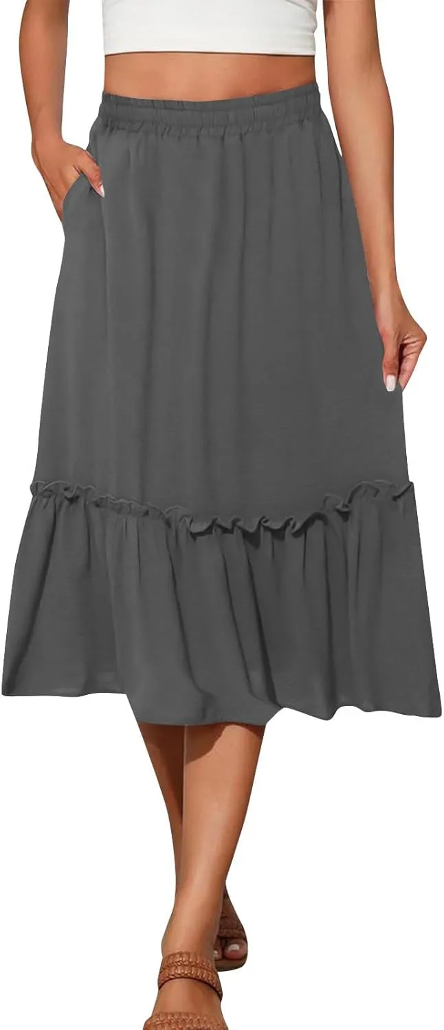 PBNBP Long Skirts for Women Boho Flowy Midi Skirt with Pockets Summer Pleated Elastic Tiered Skirts Beach Vacation Clothes