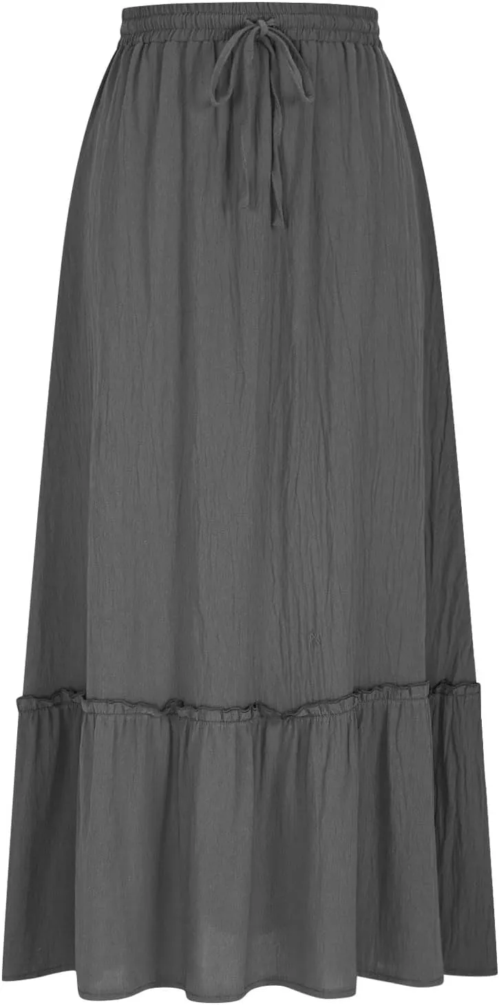 PBNBP Long Skirts for Women Boho Flowy Midi Skirt with Pockets Summer Pleated Elastic Tiered Skirts Beach Vacation Clothes