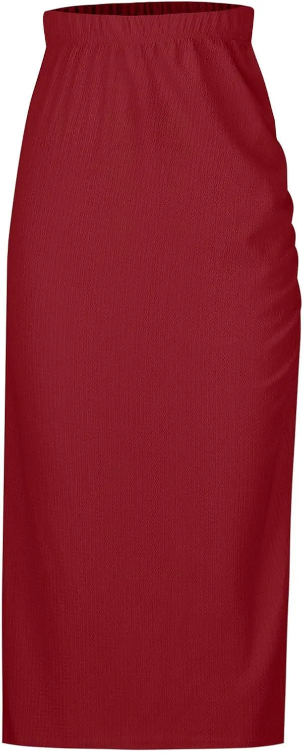Pencil Midi Skirt for Women Casual Elastic High Waist Ruched Skirts Side Split Thigh Bodycon Summer Y2K Streetwear