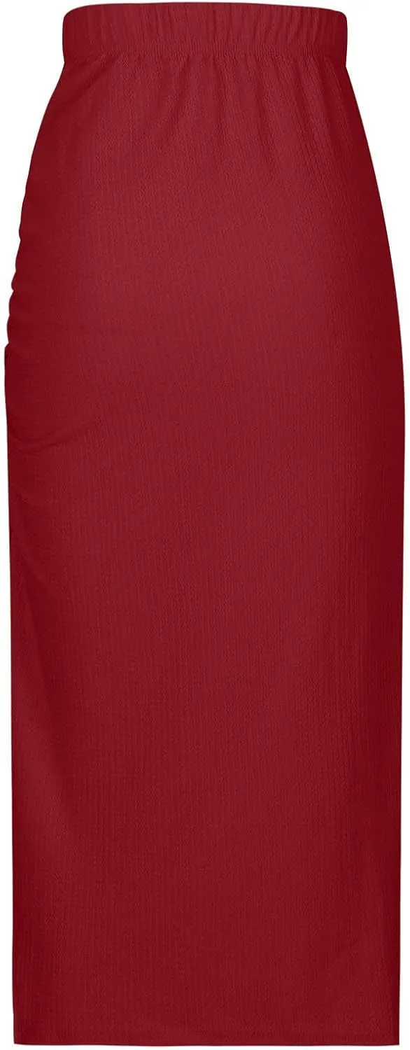 Pencil Midi Skirt for Women Casual Elastic High Waist Ruched Skirts Side Split Thigh Bodycon Summer Y2K Streetwear