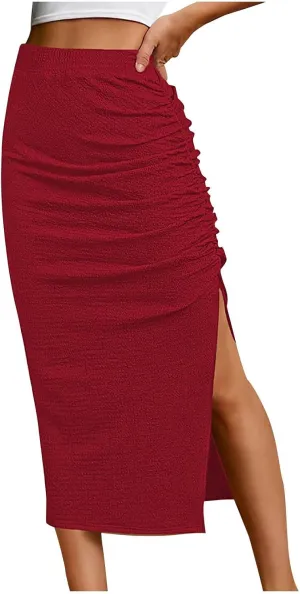 Pencil Midi Skirt for Women Casual Elastic High Waist Ruched Skirts Side Split Thigh Bodycon Summer Y2K Streetwear