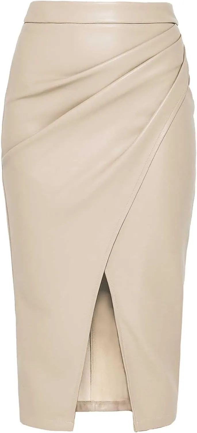Pencil Skirt for Women Slim Fit High Elastic Waist PU Leather Split Workout Business Midi Skirt Zipper Back