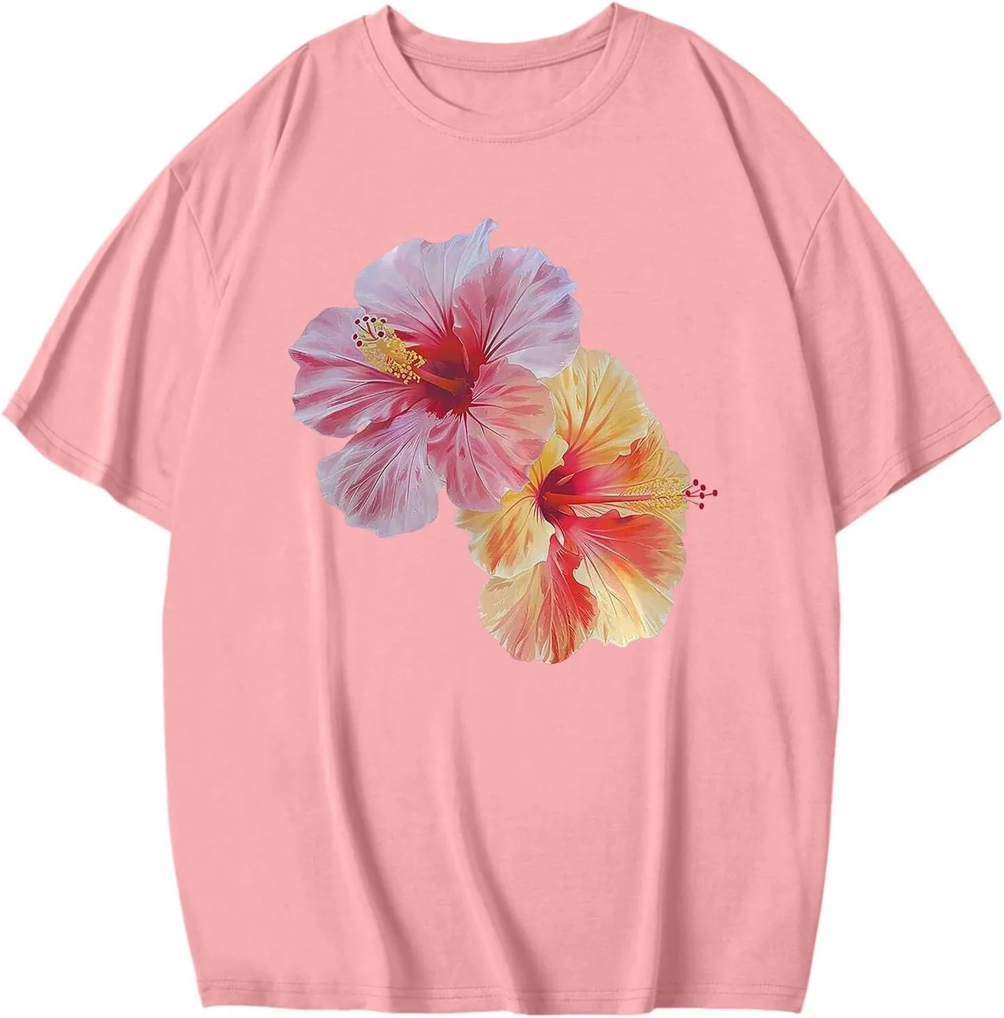 Pink Graphic Tees for Women Crewneck Casual Summer Preppy Teen Girls Flower Oversized T Shirts Short Sleeve Loose Tops