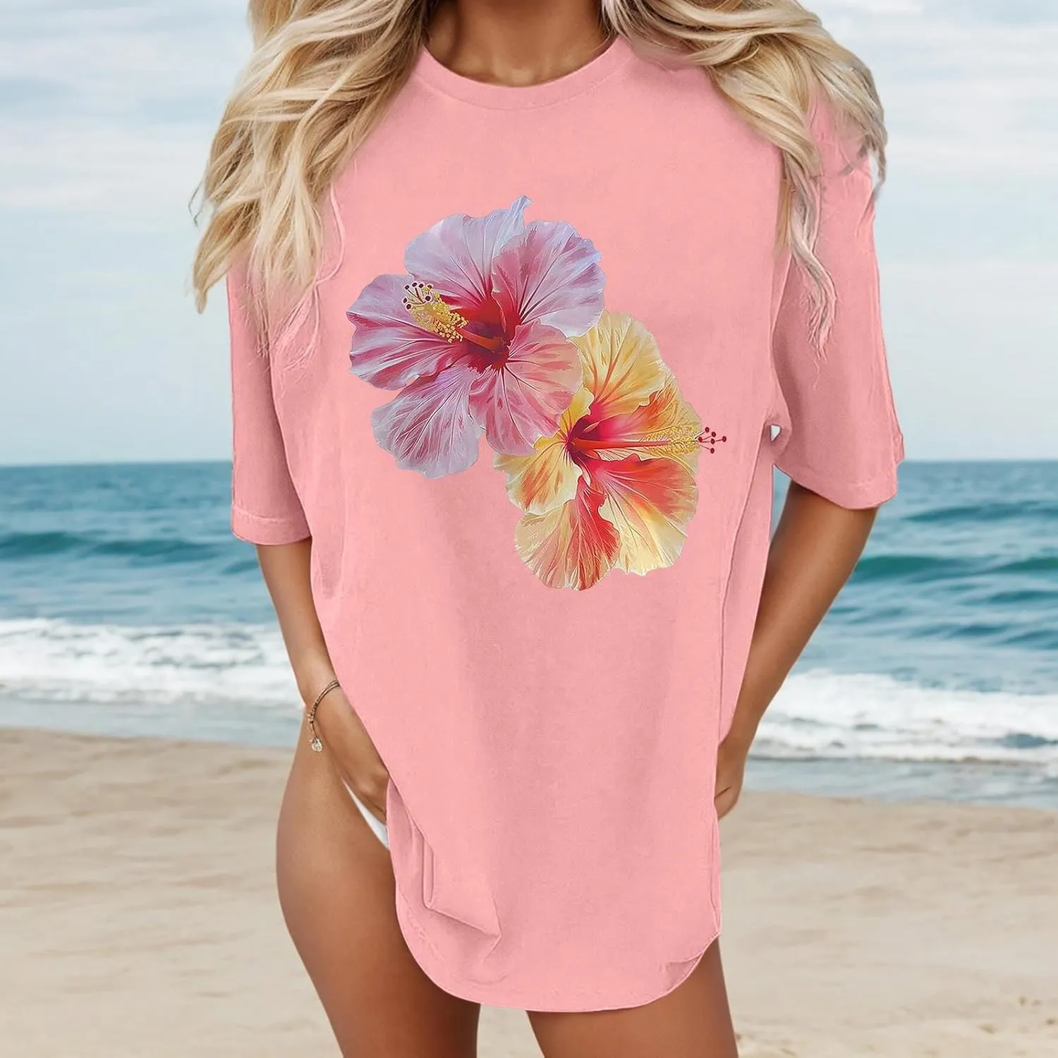 Pink Graphic Tees for Women Crewneck Casual Summer Preppy Teen Girls Flower Oversized T Shirts Short Sleeve Loose Tops