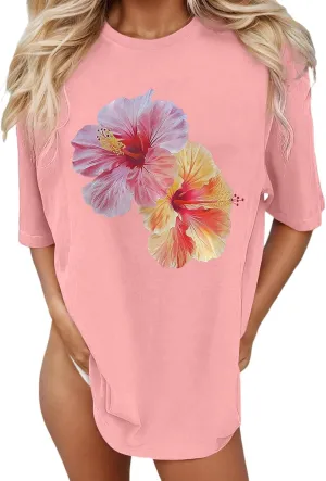 Pink Graphic Tees for Women Crewneck Casual Summer Preppy Teen Girls Flower Oversized T Shirts Short Sleeve Loose Tops