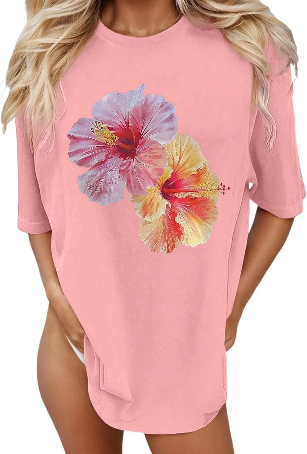 Pink Graphic Tees for Women Crewneck Casual Summer Preppy Teen Girls Flower Oversized T Shirts Short Sleeve Loose Tops