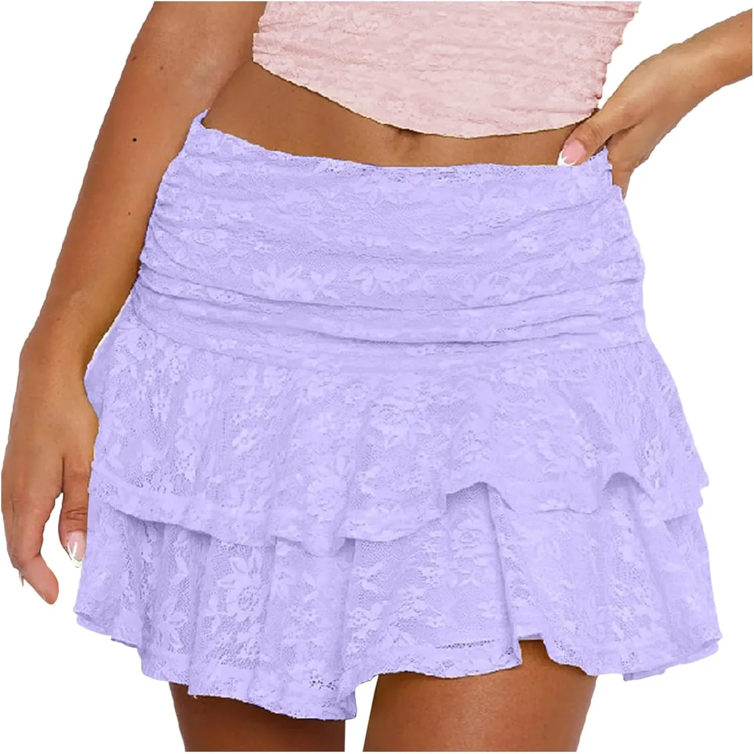 Pleated Mini Skirt for Women Summer Vacation Double Lace Ruffles Mid Elastic Waist Boha Beach Lace Sheer Mini Skirt