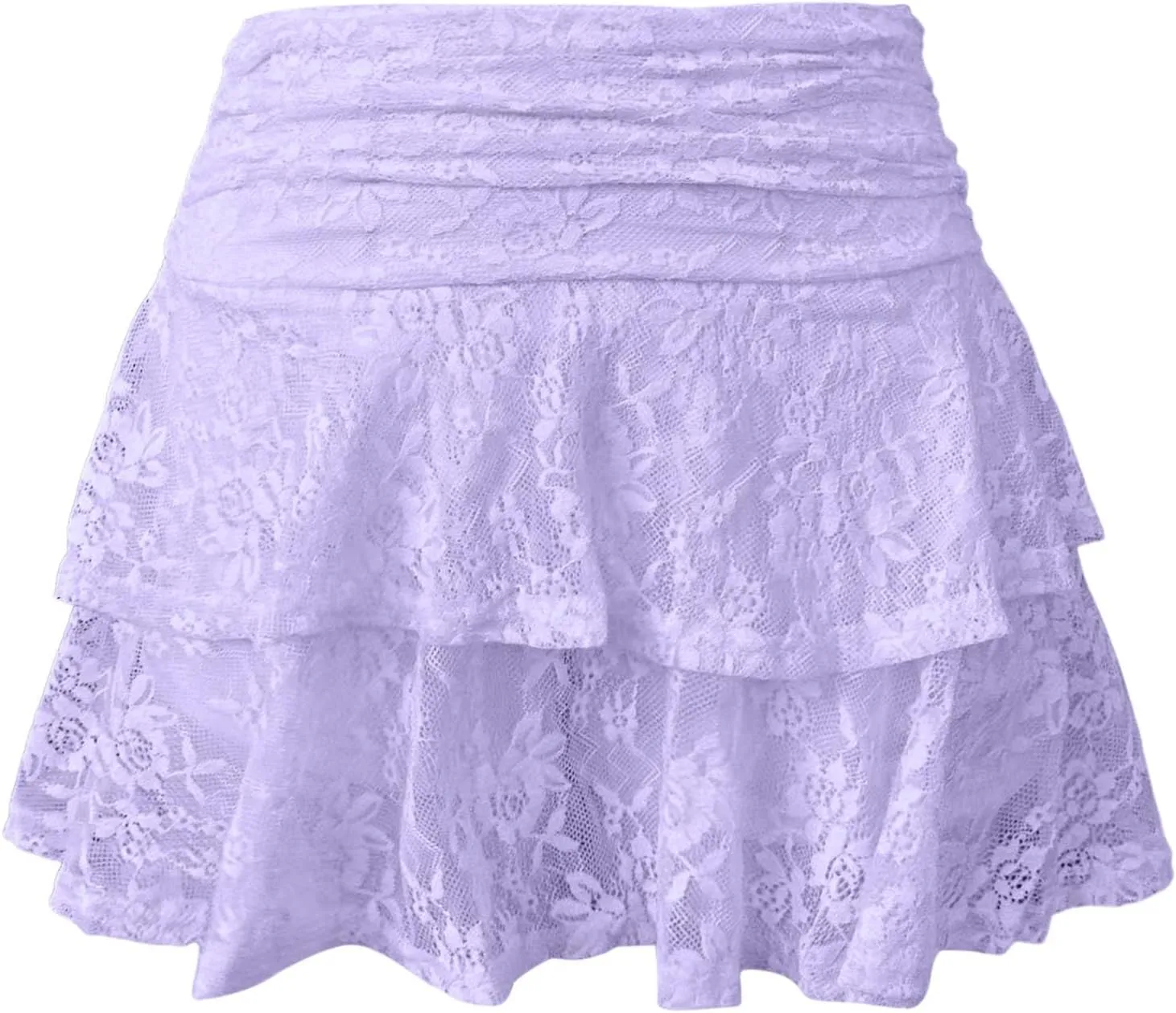 Pleated Mini Skirt for Women Summer Vacation Double Lace Ruffles Mid Elastic Waist Boha Beach Lace Sheer Mini Skirt