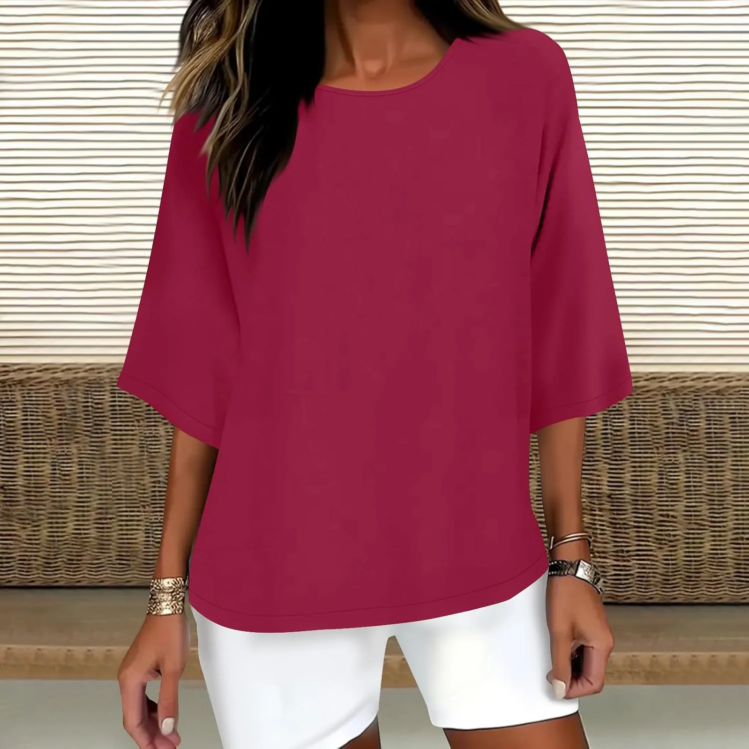 Plus Size Drop Shoulder Tunic Tops Women Cotton Linen Basic Crewneck T Shirts Summer Casual Loose Fit Beach Vacation Blouses