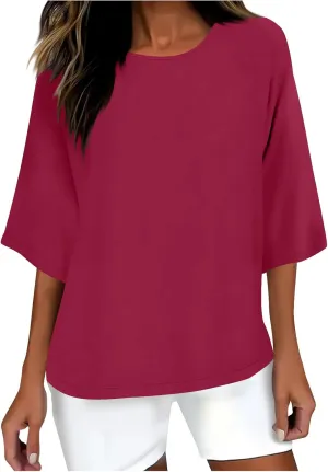 Plus Size Drop Shoulder Tunic Tops Women Cotton Linen Basic Crewneck T Shirts Summer Casual Loose Fit Beach Vacation Blouses