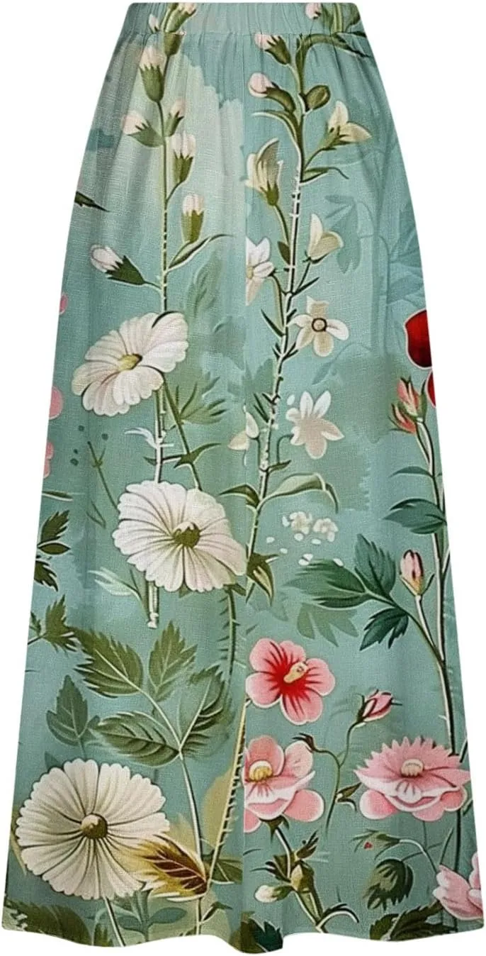 Plus Size Skirts for Women 2025 Summer Trendy Daisy Printed Boho Beach Skirt with Pocket Baggy Flowy Skirt