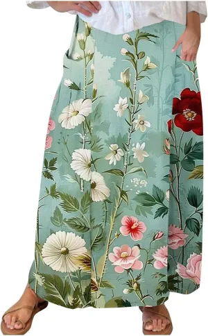 Plus Size Skirts for Women 2025 Summer Trendy Daisy Printed Boho Beach Skirt with Pocket Baggy Flowy Skirt