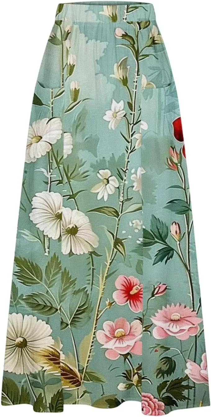 Plus Size Skirts for Women 2025 Summer Trendy Daisy Printed Boho Beach Skirt with Pocket Baggy Flowy Skirt