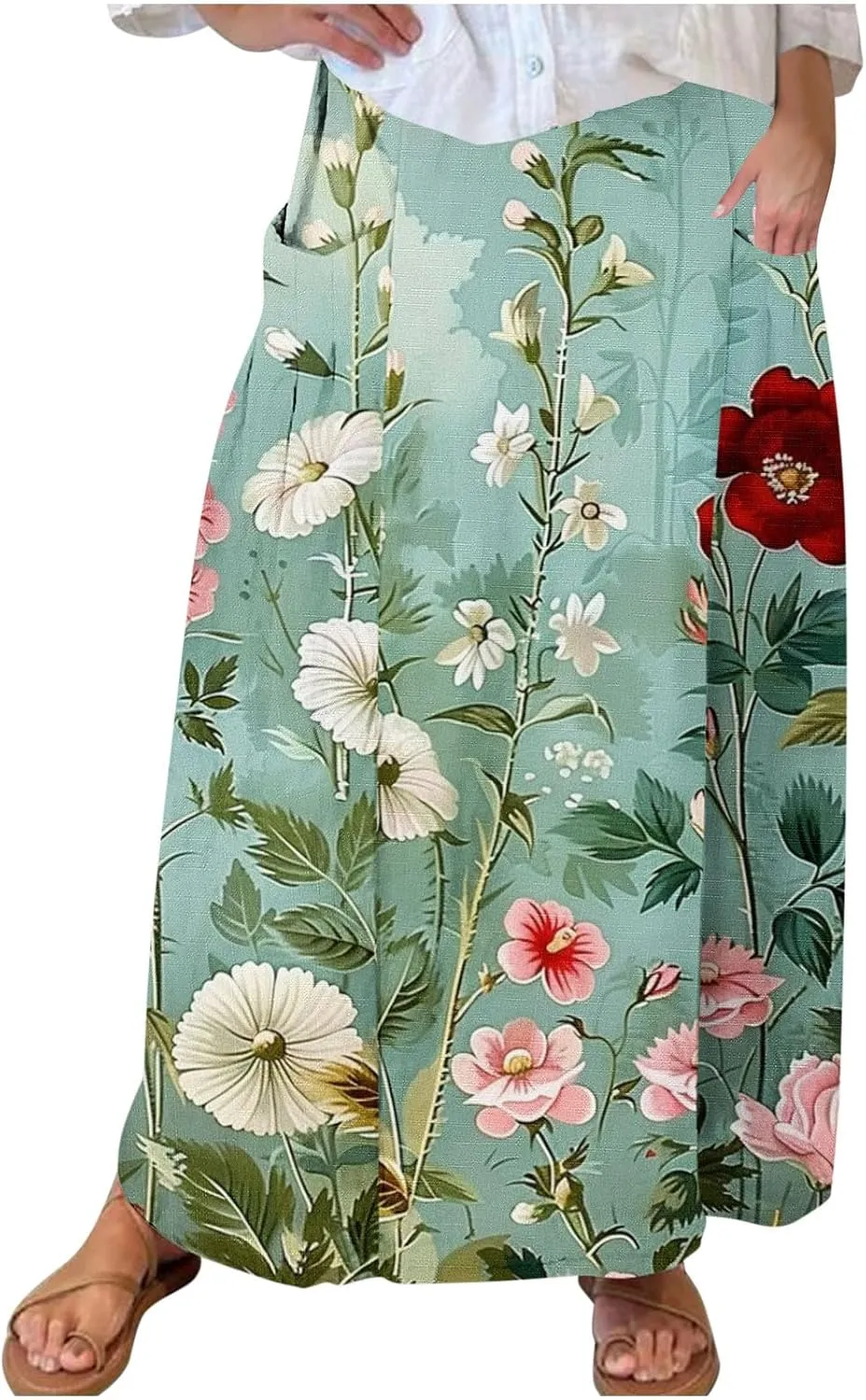 Plus Size Skirts for Women 2025 Summer Trendy Daisy Printed Boho Beach Skirt with Pocket Baggy Flowy Skirt
