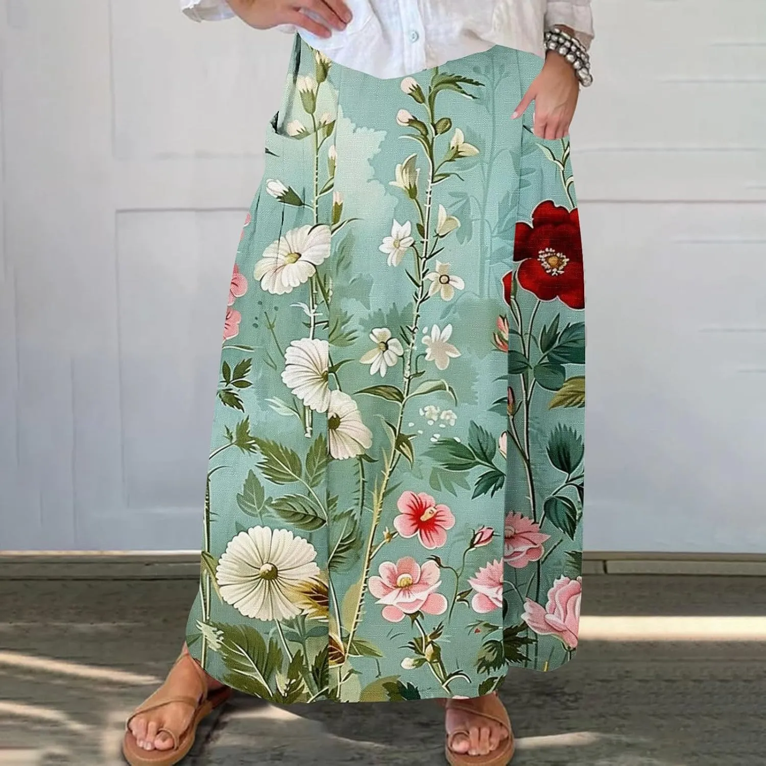Plus Size Skirts for Women 2025 Summer Trendy Daisy Printed Boho Beach Skirt with Pocket Baggy Flowy Skirt