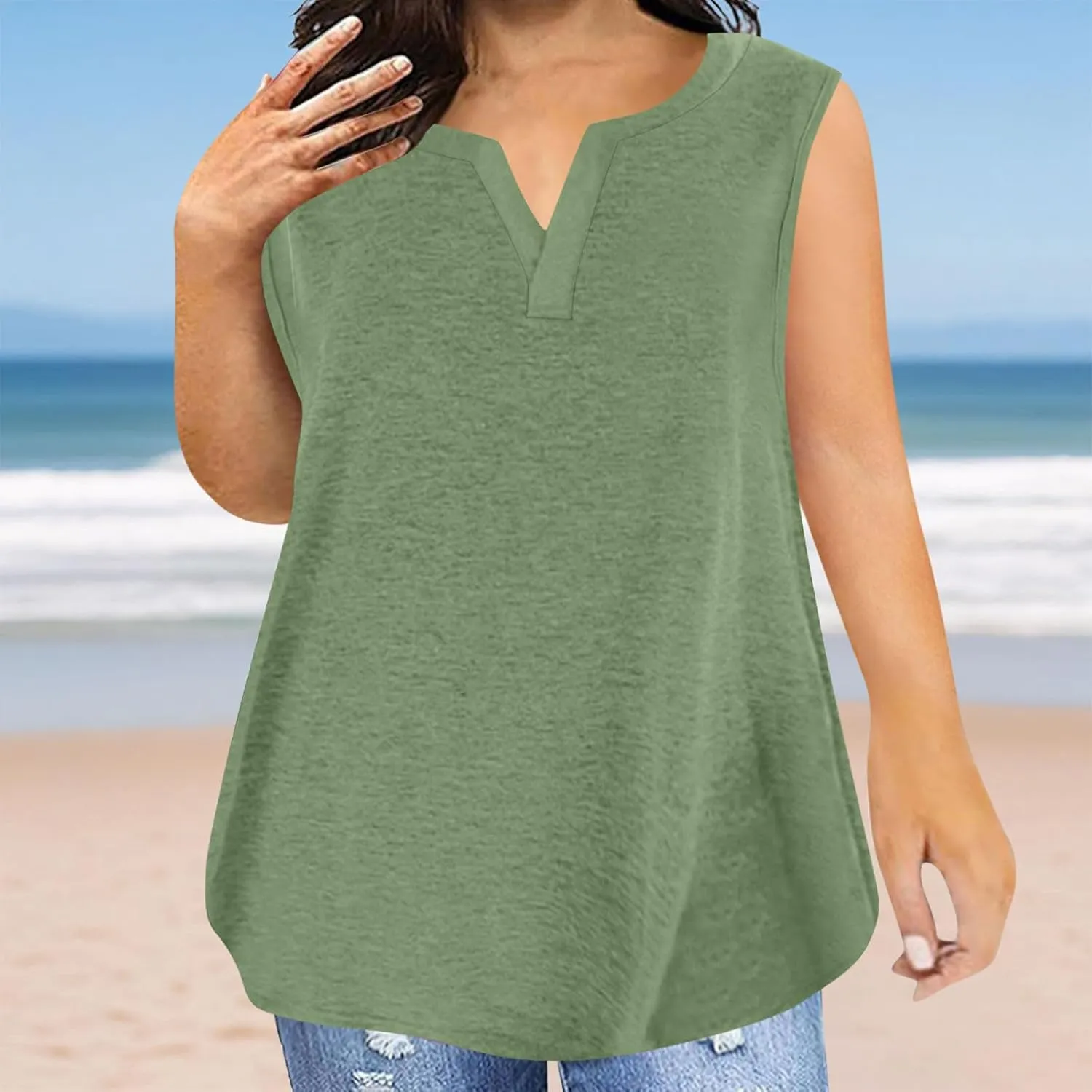 Plus Size Tank Tops for Women Cute V Neck Sleeveless Shirts Trendy Summer Oversized Blouses Casual Loose Fit Tunics