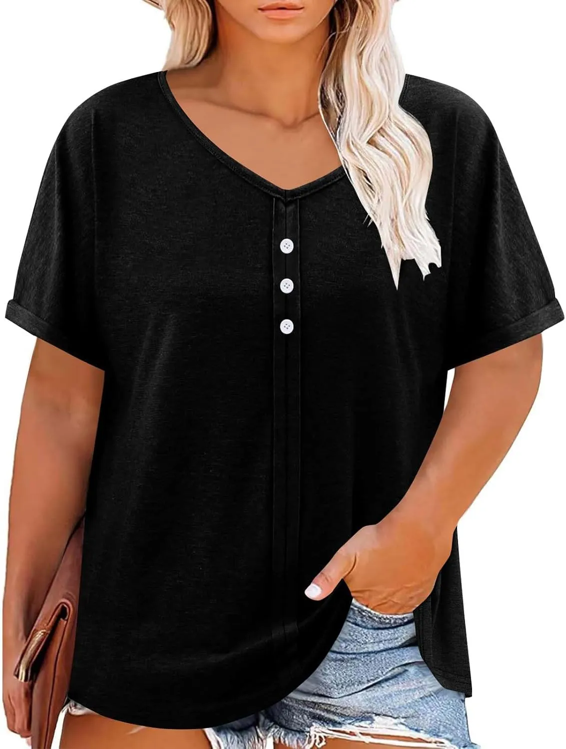 Plus Size Tops for Women Summer V Neck Short Sleeve Tee Shirts Henley Button Casual Loose Fit Blouse L-5XL