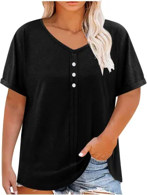 Plus Size Tops for Women Summer V Neck Short Sleeve Tee Shirts Henley Button Casual Loose Fit Blouse L-5XL