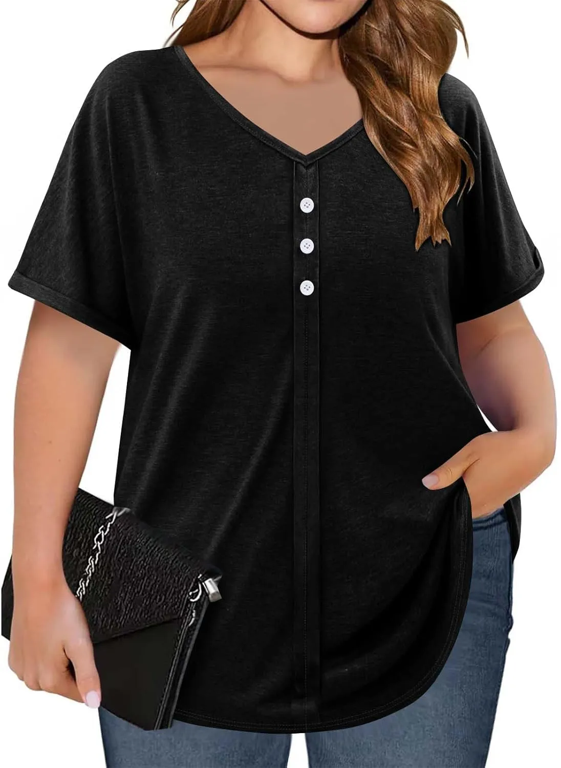 Plus Size Tops for Women Summer V Neck Short Sleeve Tee Shirts Henley Button Casual Loose Fit Blouse L-5XL