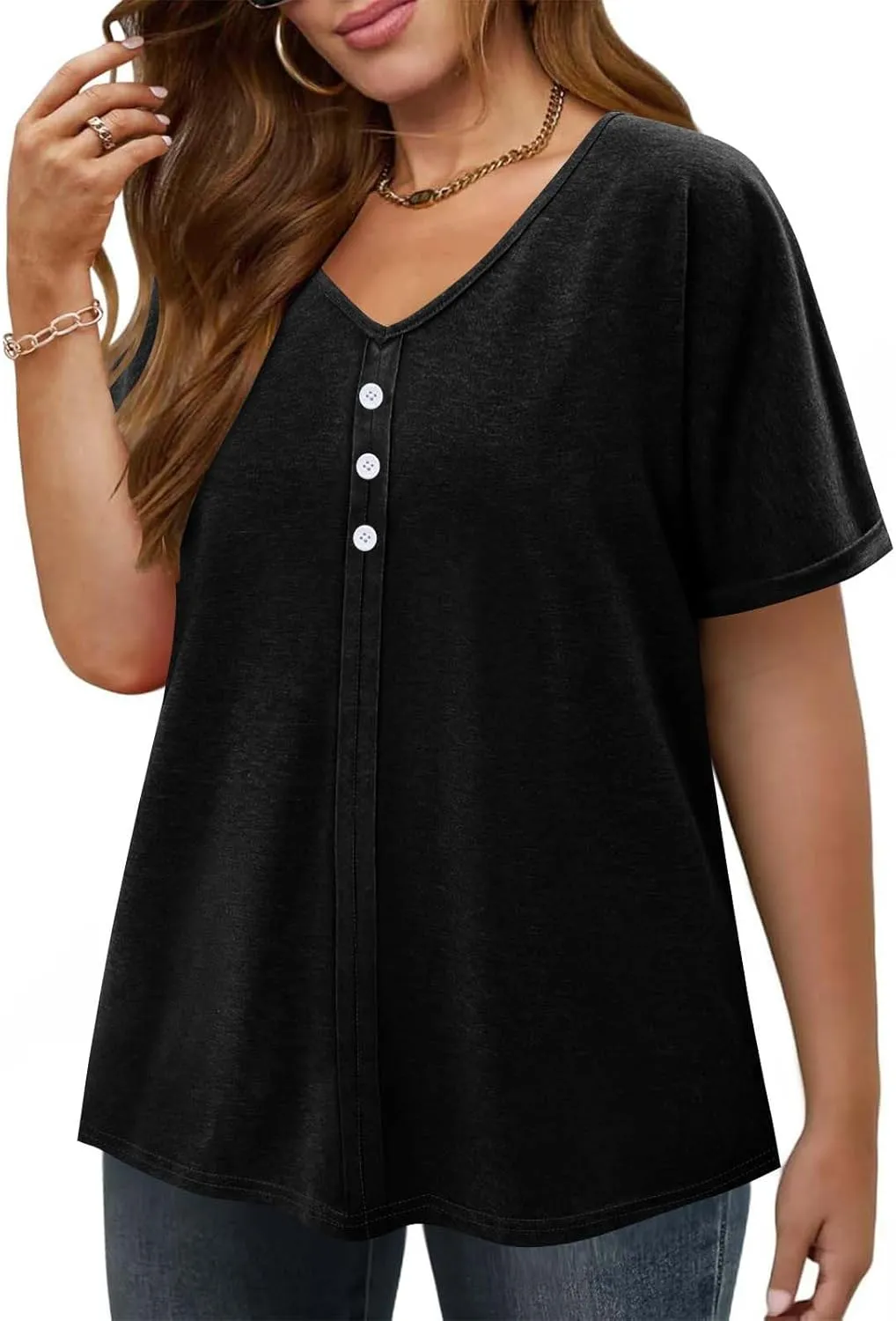 Plus Size Tops for Women Summer V Neck Short Sleeve Tee Shirts Henley Button Casual Loose Fit Blouse L-5XL