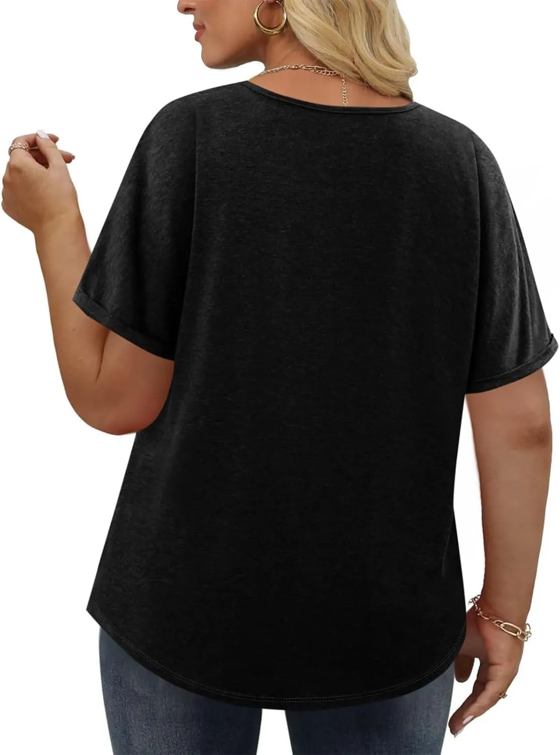 Plus Size Tops for Women Summer V Neck Short Sleeve Tee Shirts Henley Button Casual Loose Fit Blouse L-5XL