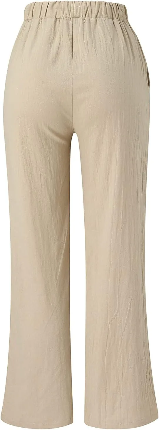 Pocket Pants Wide Loose Casual Solid Women's Leg Bandage Pants Linen Women