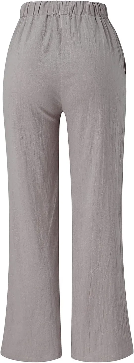 Pocket Pants Wide Loose Casual Solid Women's Leg Bandage Pants Linen Women