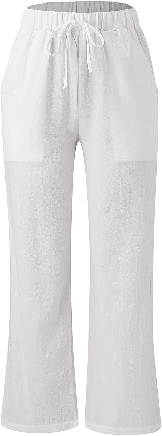 Pocket Pants Wide Loose Casual Solid Women's Leg Bandage Pants Linen Women
